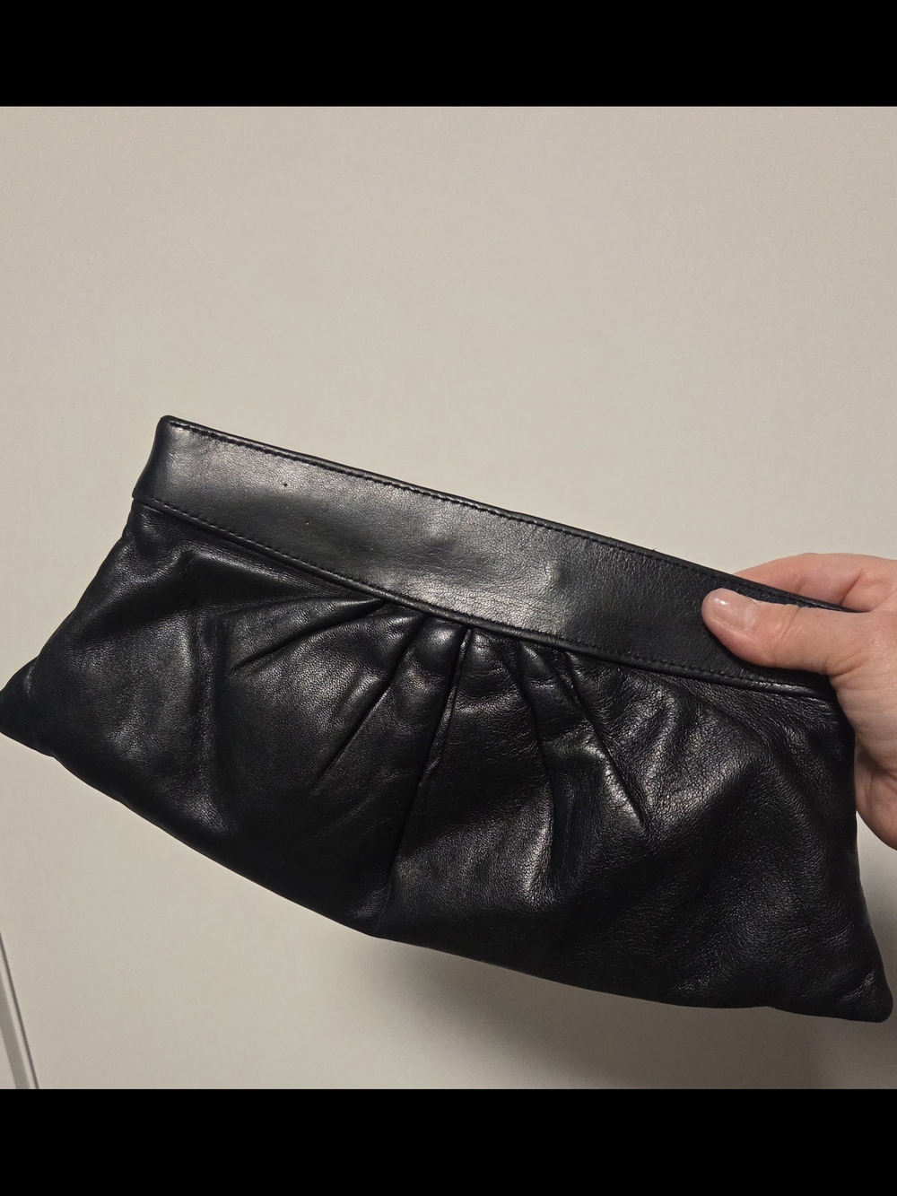 Lauren Merkin Black Leather Pleated Clutch.